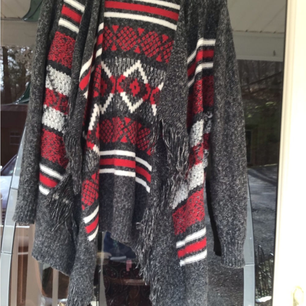 St John Bay Womans Open Waterfall Front Cardigan Sweater M Gray Aztec EUC .